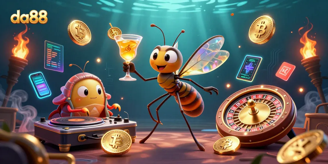Experience the da88 dynamic scene with a unique mosquito mascot and digital coins in a casino setting.