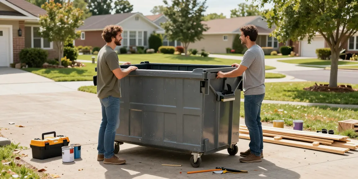Homeowner coordinating a dumpster rental Pompano Beach FL for a home renovation project with contractor, surrounded by construction tools.