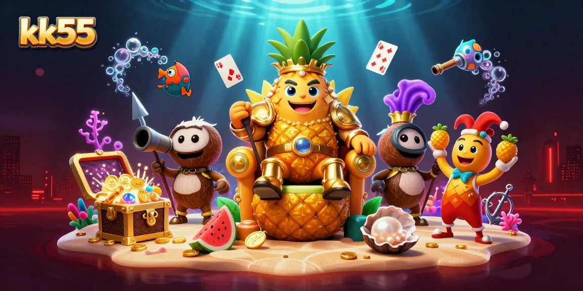 Experience thrilling action with kk55 featuring a golden pineapple king, tropical casino vibes, and vibrant gaming elements.