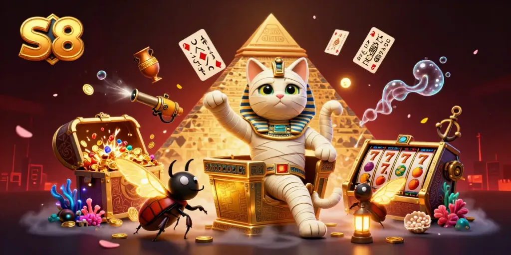 S8-themed casino illustration with a mummy cat and golden elements for engaging gameplay.