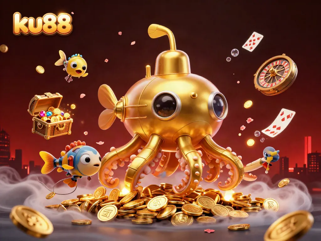 Experience the thrill of gaming at ku88 with a golden kraken submarine and treasures surrounding it.