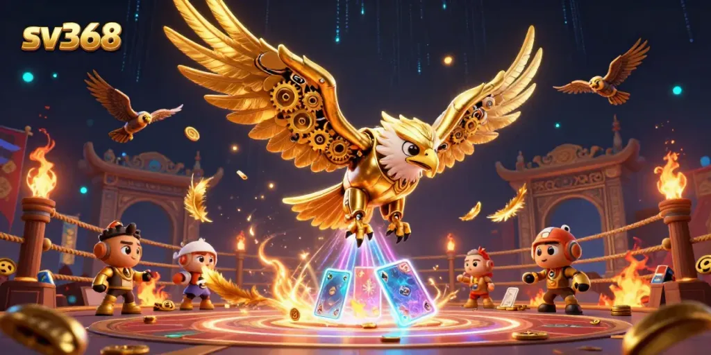 Experience the excitement of sv368 with cybernetic eagle diving through holographic playing cards.