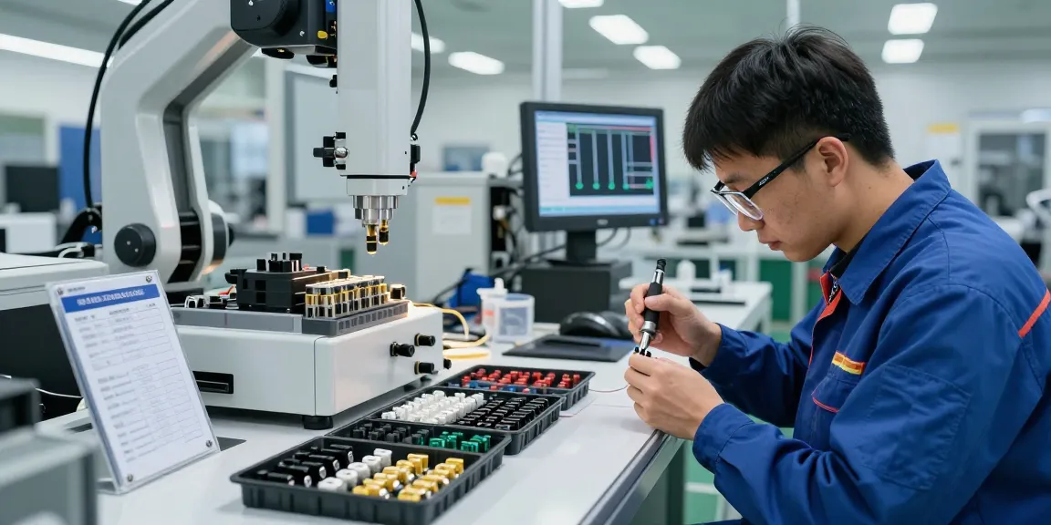 Skilled technician assembling automotive connectors with precision tools in a modern manufacturing facility.