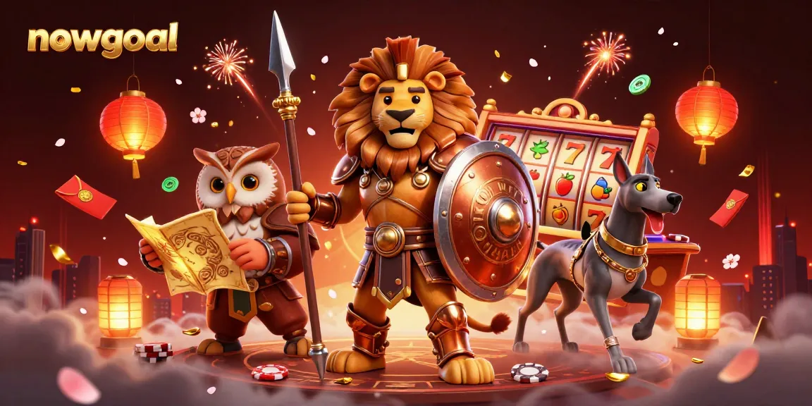 Track winning scores with nowgoal's dynamic casino-themed scene featuring Spartan lion and tactical owl