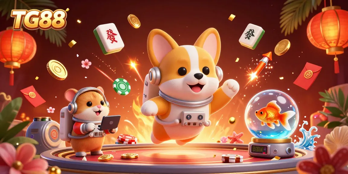 Experience thrilling TG88 gameplay with an astronaut corgi in a vibrant casino scene filled with floating game elements.