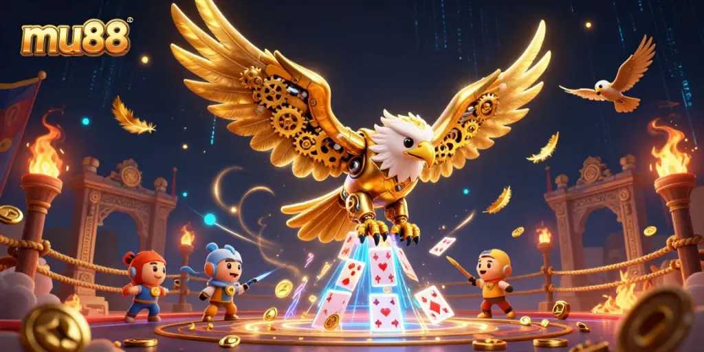 Experience the excitement of mu88 with a cybernetic eagle in a dynamic casino scene.