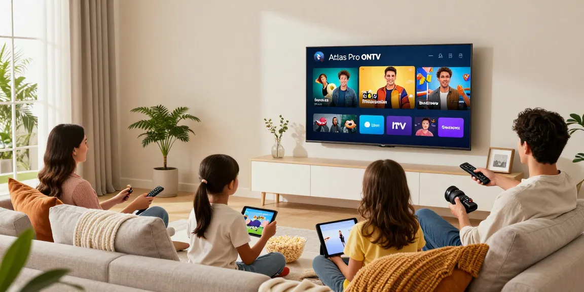 Family bonding over Atlas Pro ONTV on Smart TV in a cozy living room.