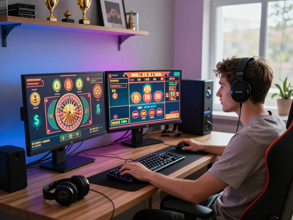 Giocatore concentrato in un ambiente di gioco online con giochi di casino non aams e trofei virtuali.