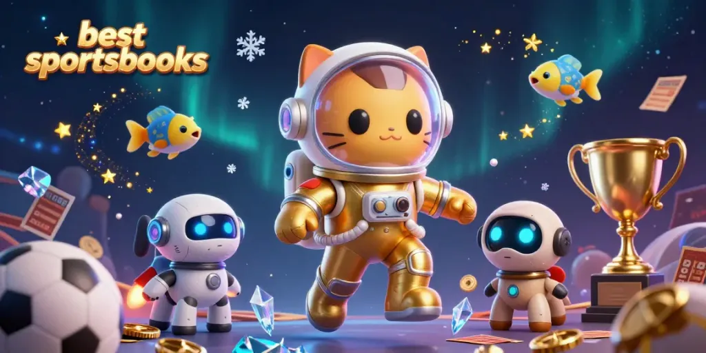 Engage with the best sportsbooks, featuring a 3D astronaut cat and sports elements in a dynamic scene.