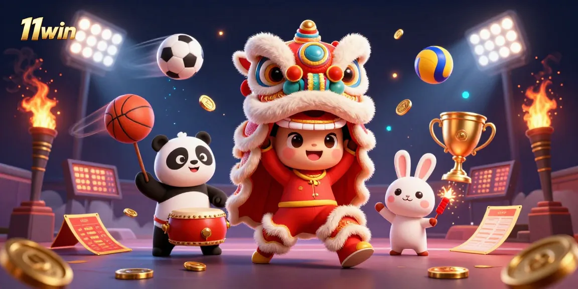 Join the excitement at 11win with lively casino characters and sports action in vibrant 3D illustration.