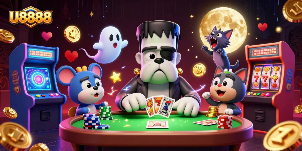 U8888 showcases a lively scene with characters dealing cards at a vibrant casino table.