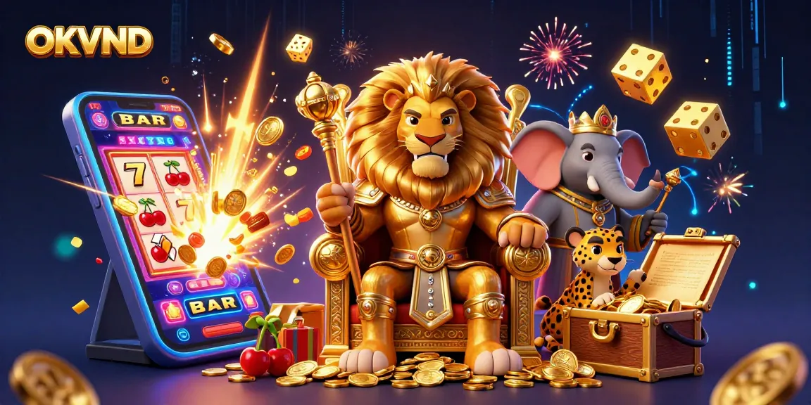 Engage with OKVND while playing slots with vibrant characters and a dynamic jackpot scene.