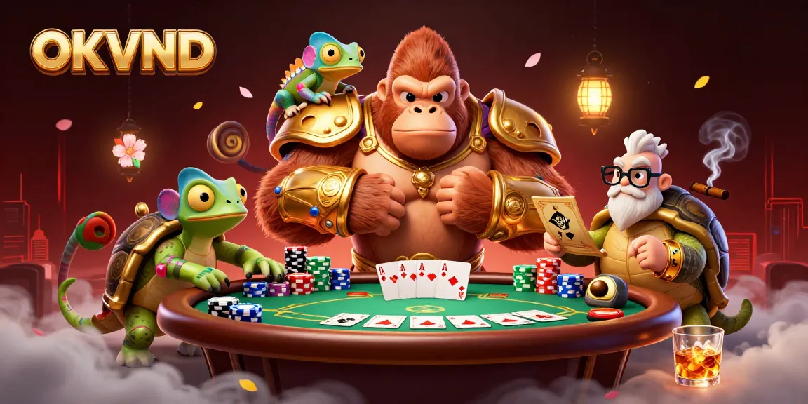 Experience thrilling gameplay with OKVND's exciting poker tables, vibrant chips, and engaging characters.