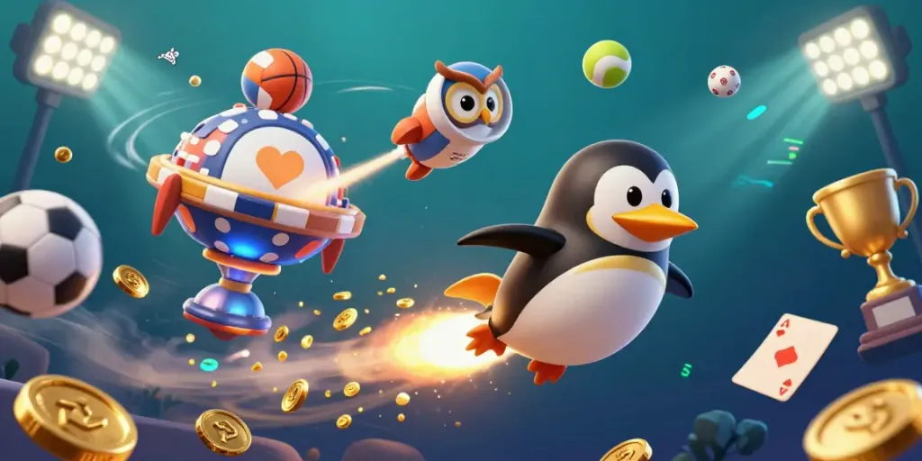 Experience thrilling Game bài action with a golden penguin on a cosmic adventure.