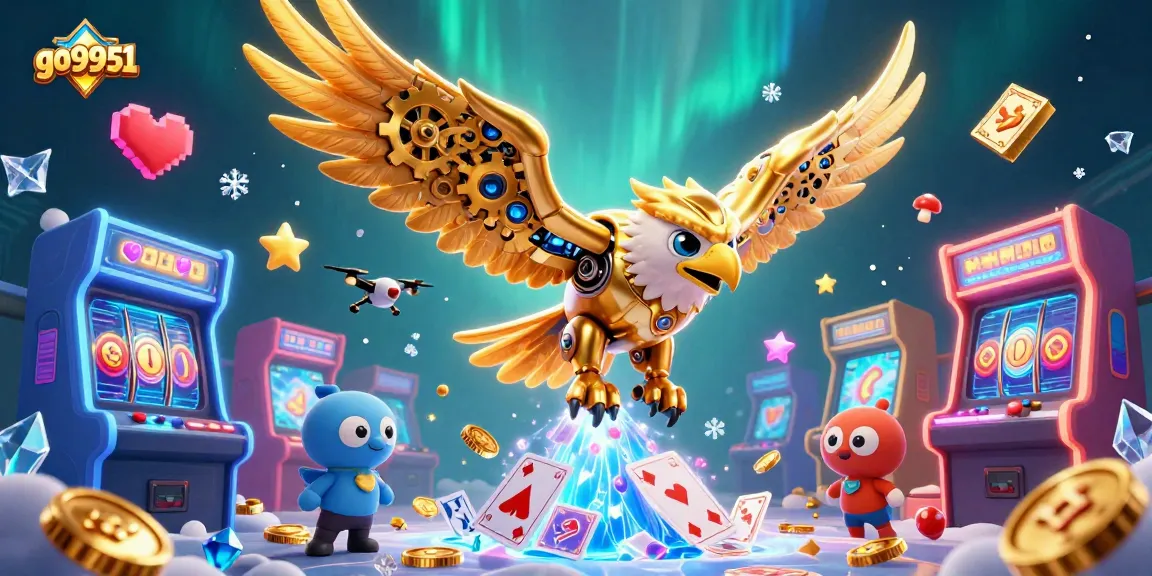 Experience thrilling wins at go9951 with golden eagle diving through holographic cards and vibrant arcade games.