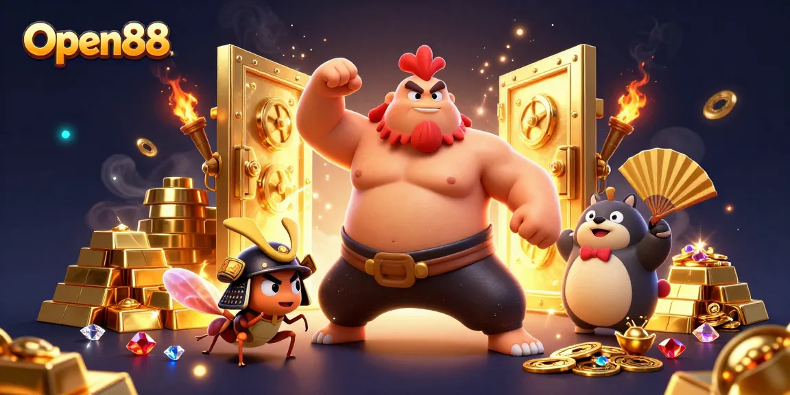Open88 gamers enjoying thrilling moments at a vibrant casino with gold treasures and dynamic characters.