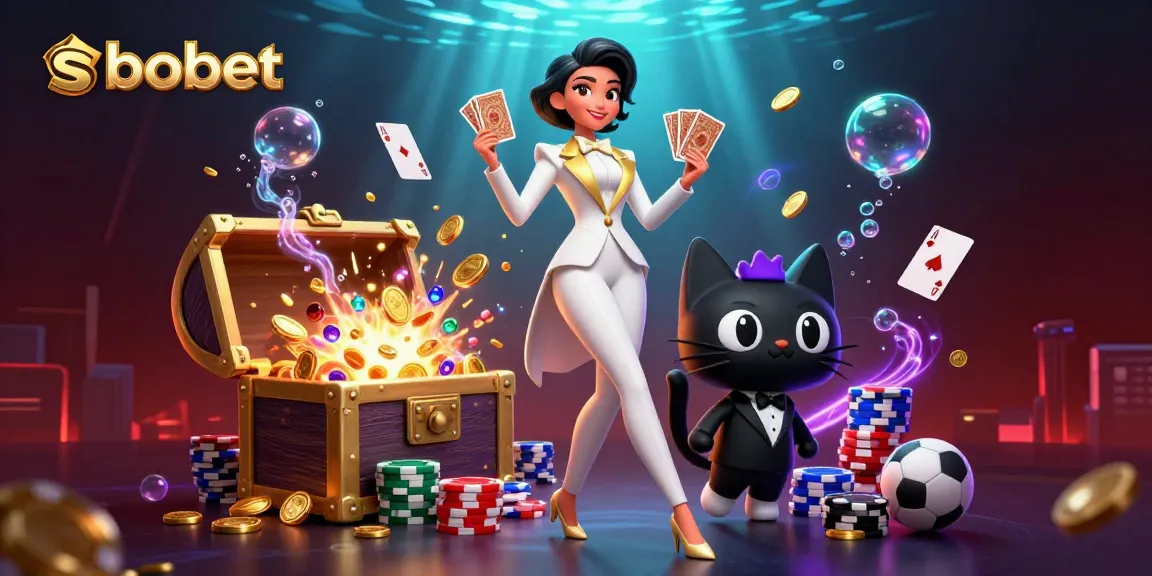 Experience sbobet with a glamorous woman and her tuxedo cat at a vibrant casino scene, brimming with excitement.