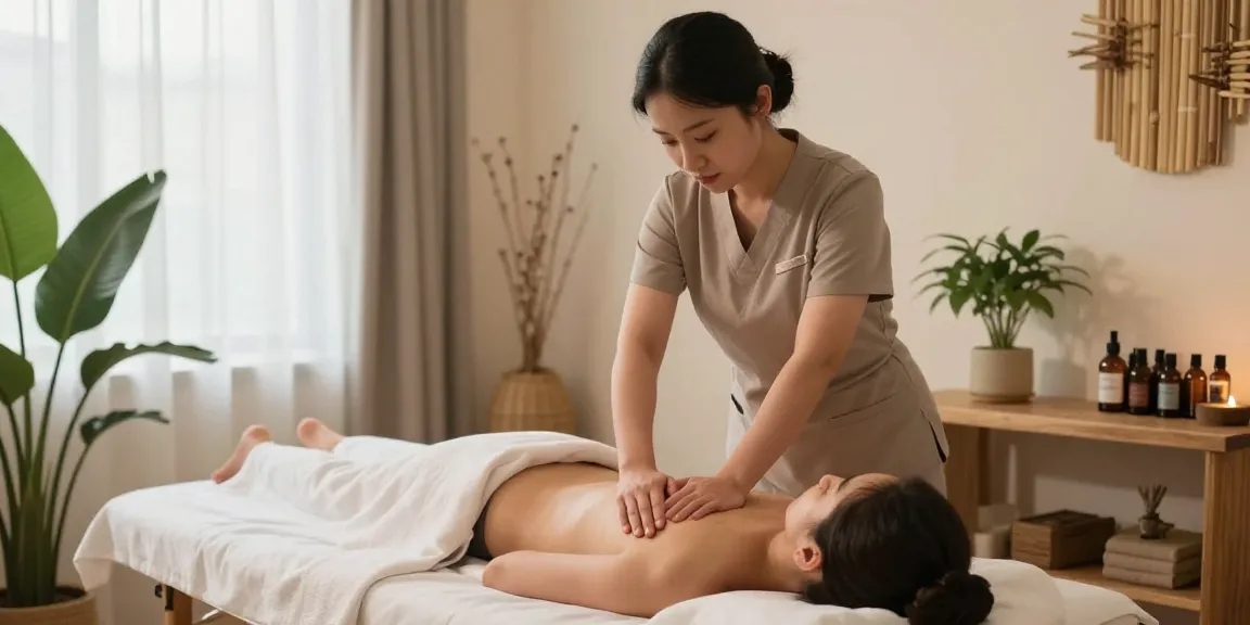 마사지 치료실에서 스웨디시 마사지를 받는 고객과 치료사