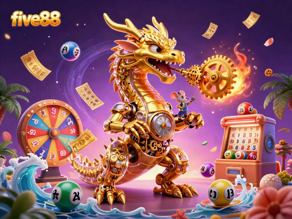 Experience action with five88 in a vibrant 3D scene featuring a golden dragon and exciting casino elements.