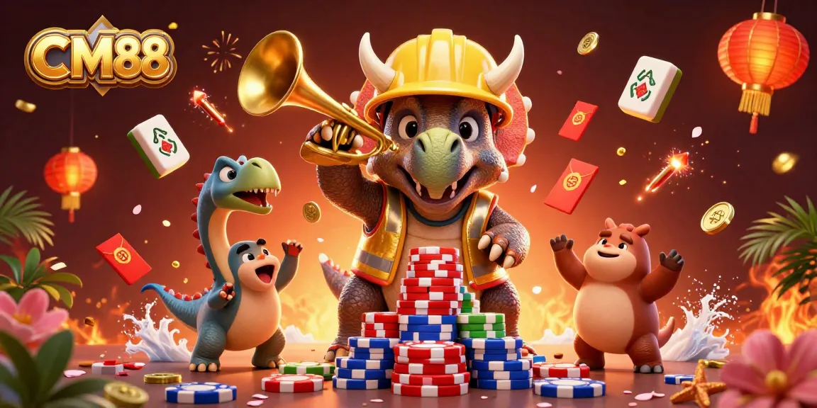 Experience CM88's thrilling gaming world with vibrant characters building poker chip pyramids.