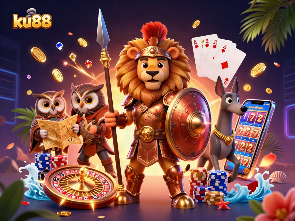 Engage with ku88 in vivid 3D illustration showcasing thrilling casino action and dynamic characters.