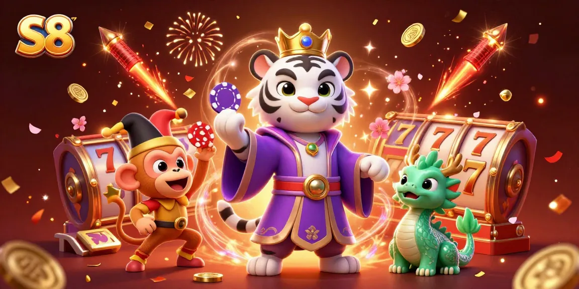Experience the excitement of S8 with vibrant casino characters and dynamic game elements in an engaging digital scene.