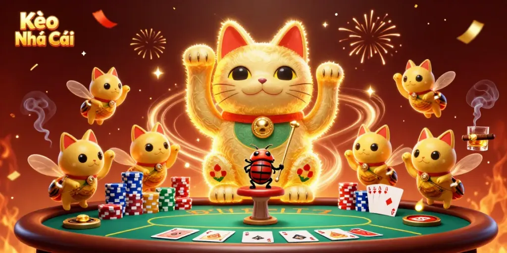 Kèo Nhà Cái showcases a vibrant scene with a giant lucky cat, poker elements, and dynamic confetti.