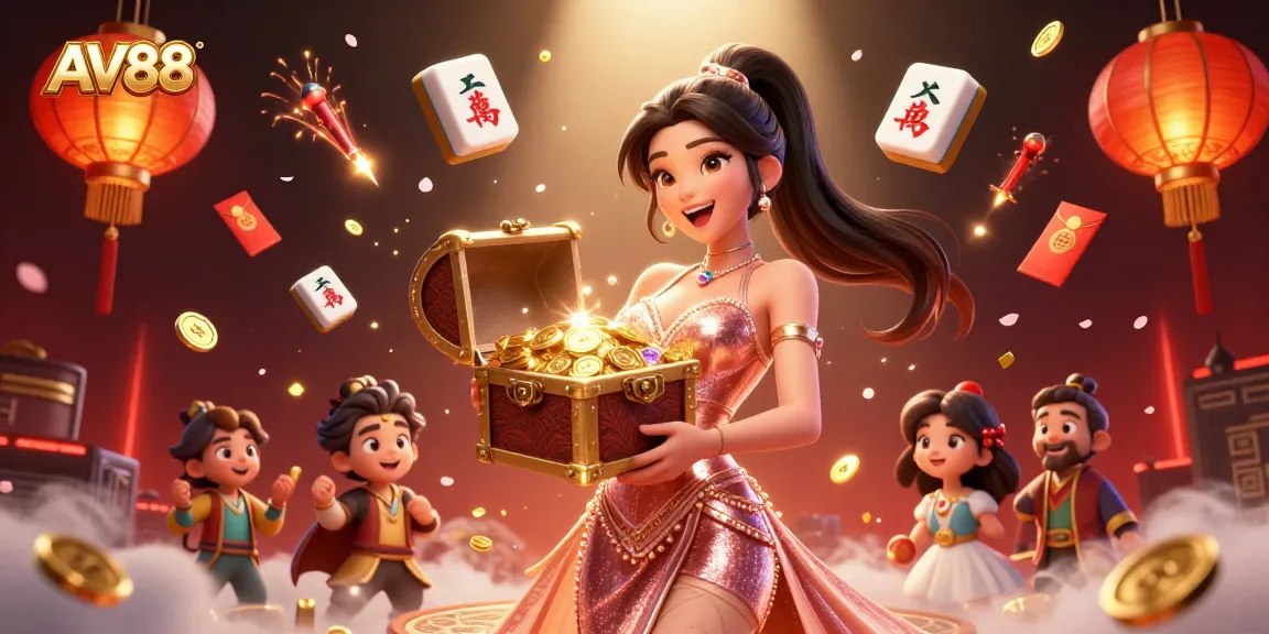 Engage with AV88's thrilling treasures in a vibrant casino illustration filled with excitement.