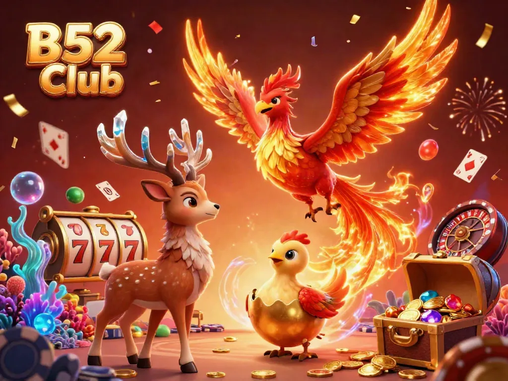 Engage in thrilling gaming at B52 Club with dynamic phoenix characters and vibrant slot elements.