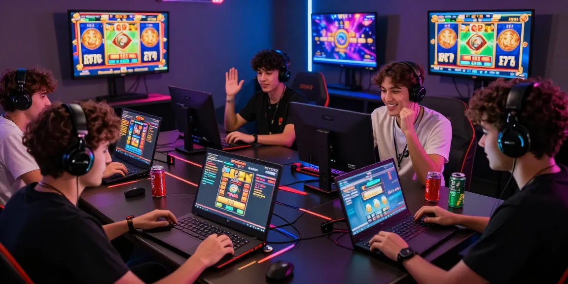 Players enjoying garuda303 slot games in a vibrant gaming lounge, showcasing excitement and competition.