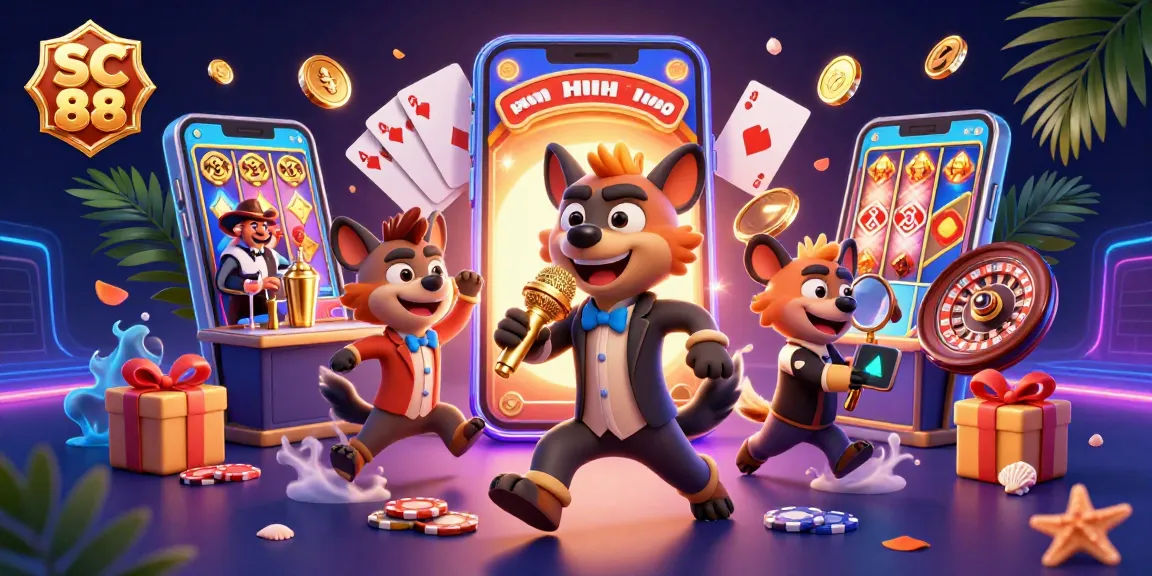 Engage with SC 88 in a vibrant, comedic casino world featuring hyenas and interactive gaming elements.