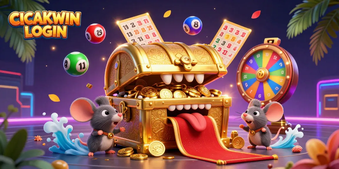 CICAKWIN LOGIN showcases a dynamic 3D illustration of a golden treasure chest, enticing adventurer mice amidst colorful lottery elements, enhancing casino excitement.