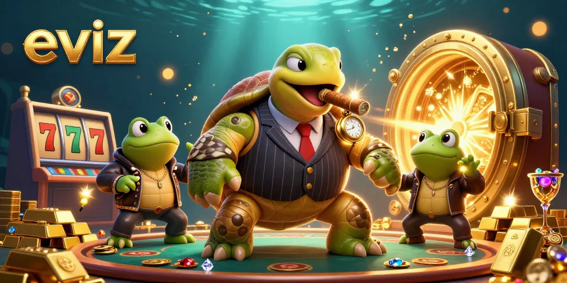 eviz casino scene with a snapping turtle and bullfrog enforcers surrounded by slot reels and treasures