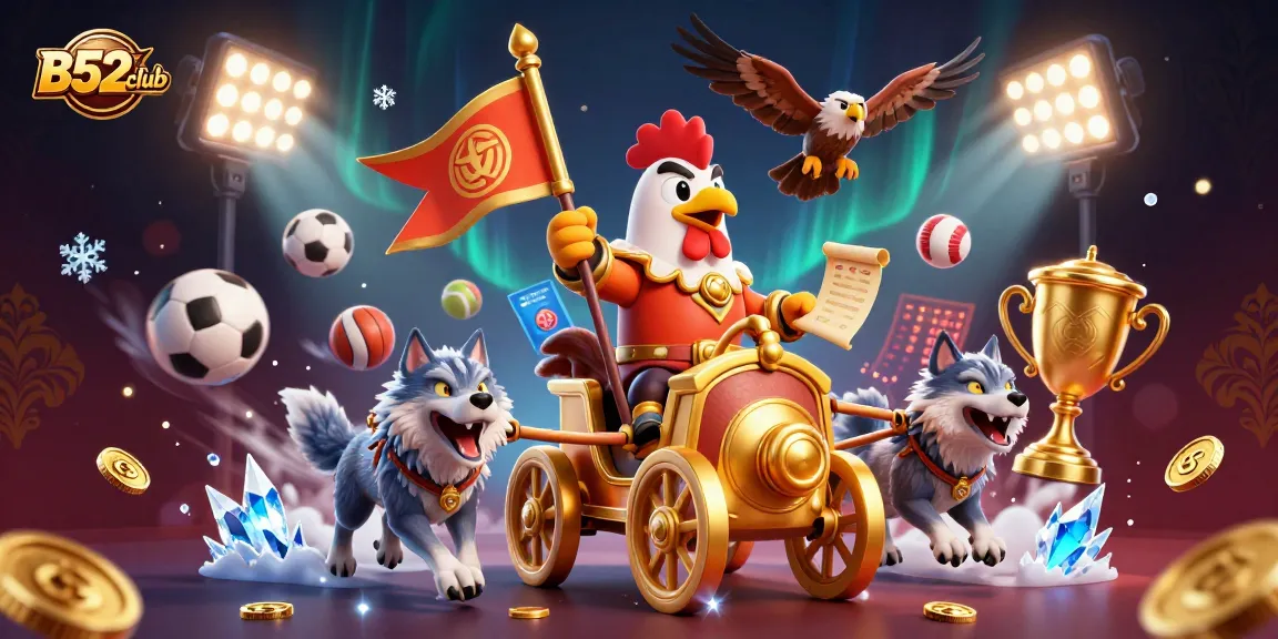 Bets and wins with B52club, featuring vibrant casino characters and sports elements in action.