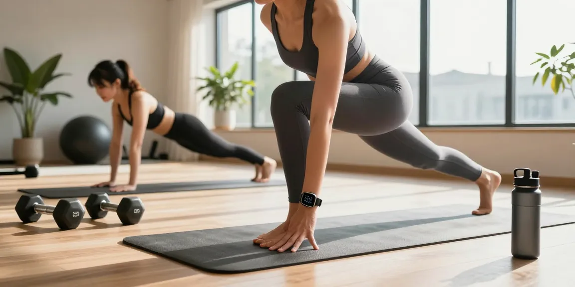 Penggunaan https://www.polarfitbitshop.com/fitbit-luxe/ di gym rumah modern saat berolahraga dengan lingkungan yang cerah dan energik.