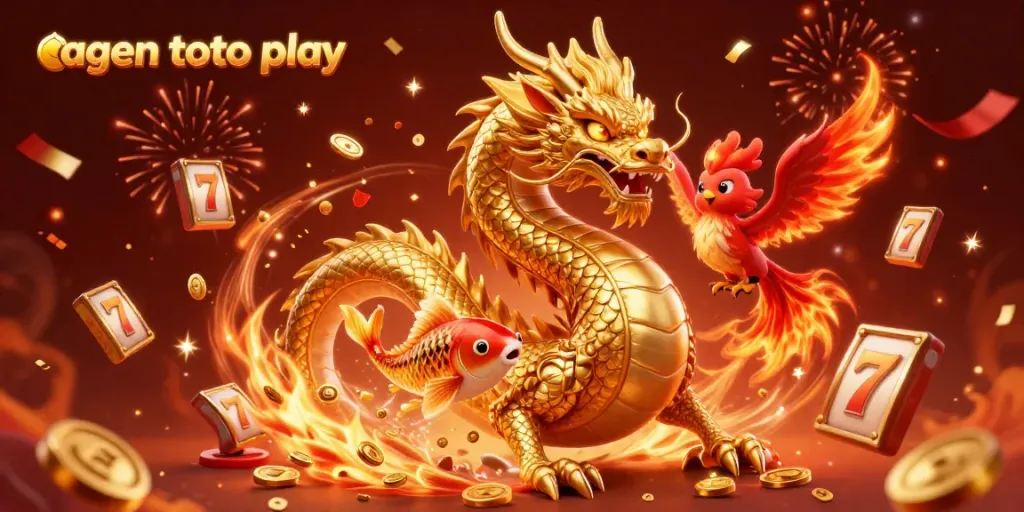 Win big with agen toto play in this vibrant 3D casino scene featuring dragons and lucky symbols.