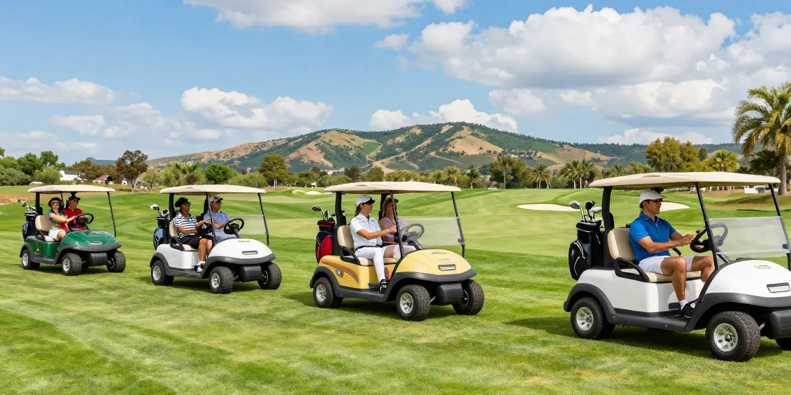 Golf cart for sale USA showcased in a vibrant golf course scene with friends enjoying a playful day outdoors.