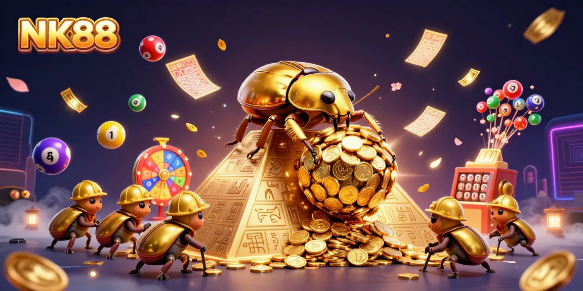 Experience exhilarating gaming adventures with NK88, featuring cartoon beetles and golden coins.
