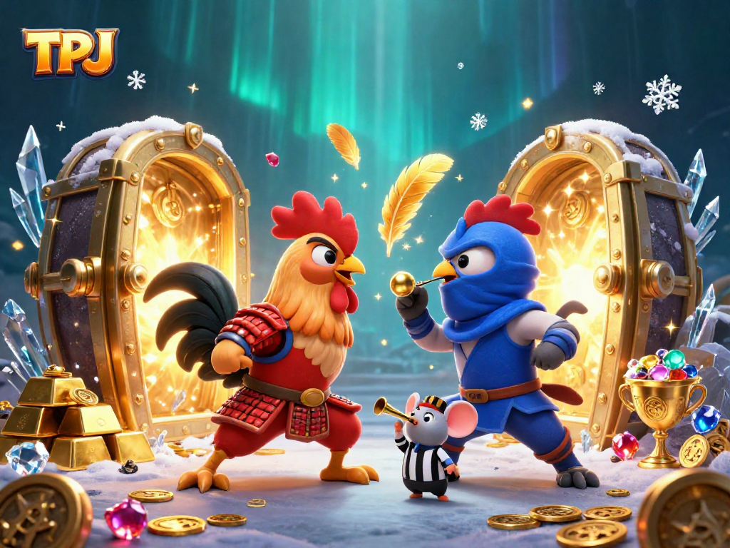 Engage with TPJ in an electrifying rooster showdown amidst dazzling treasures, ideal for casino enthusiasts.