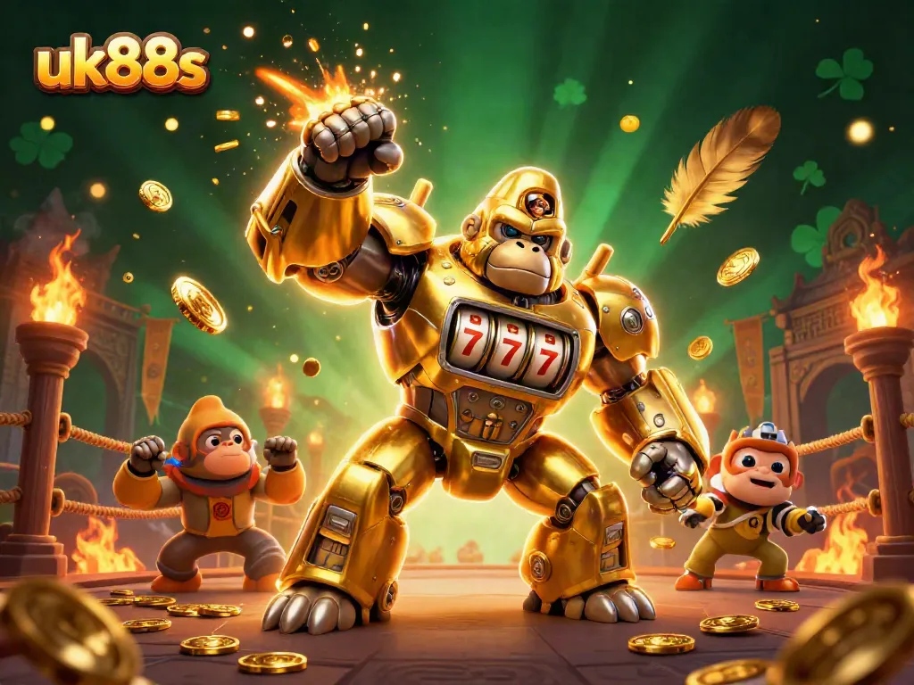 Join the excitement of uk88s with a golden gorilla mech transforming the slot machine experience with thrilling gameplay.