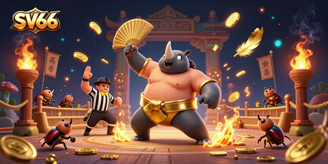 SV66 online casino captivating scene with a beetle champion, flying coins, betting tokens and vibrant atmosphere