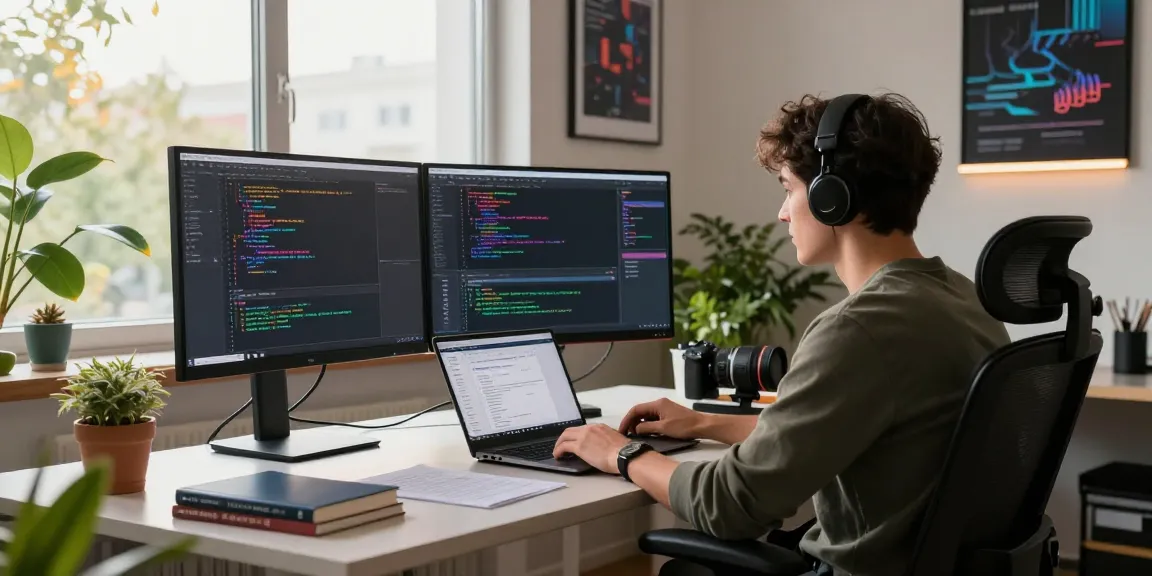 Engaged software developer at a tech workspace coding on monitors, showcasing the cutting-edge environment of teiegramin.com.