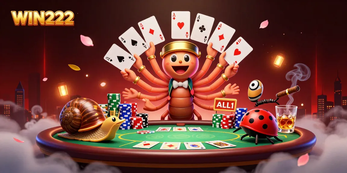 Engage with WIN222's captivating poker scene featuring unique 3D characters and vibrant gaming elements.
