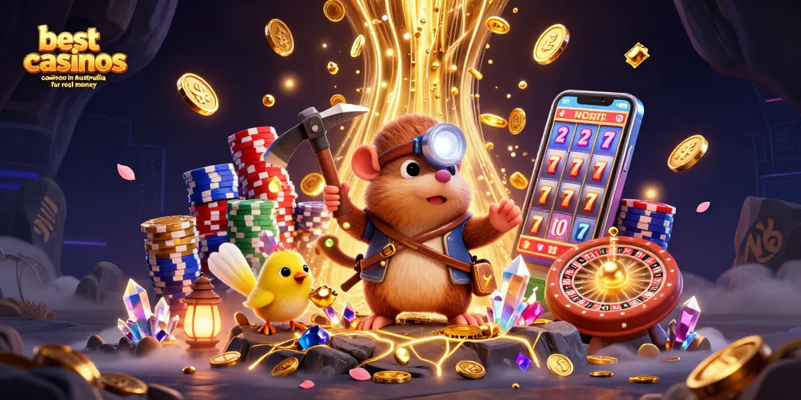 Mining excitement at the best online casinos in Australia for real money with lively characters and vibrant casino elements.