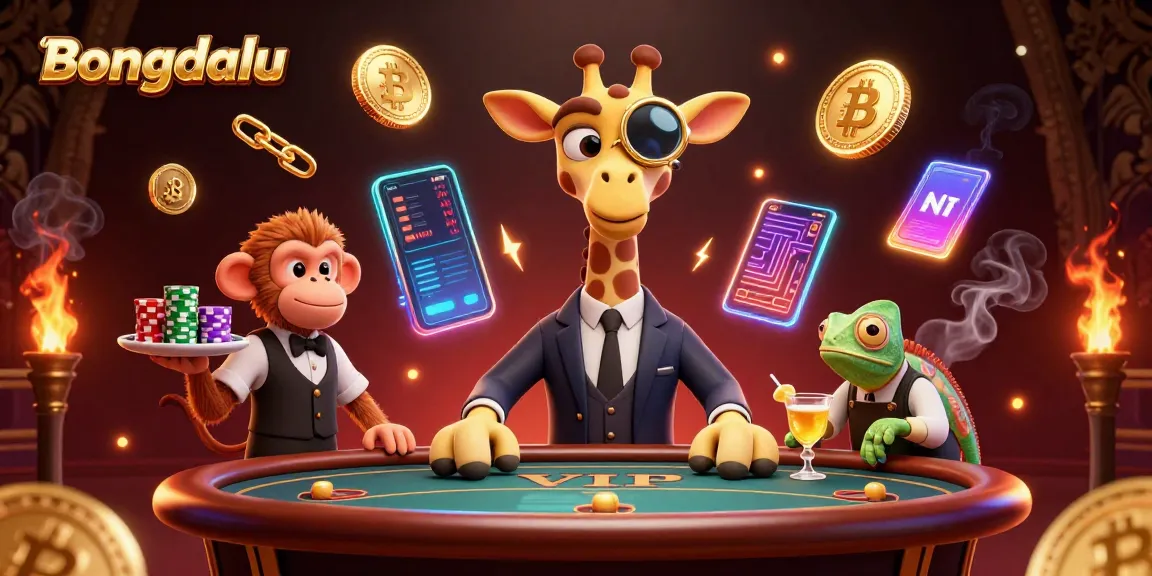 Bongdalu showcases a lively gaming scene with a high-roller giraffe and animated characters amidst crypto coins and gambling elements.