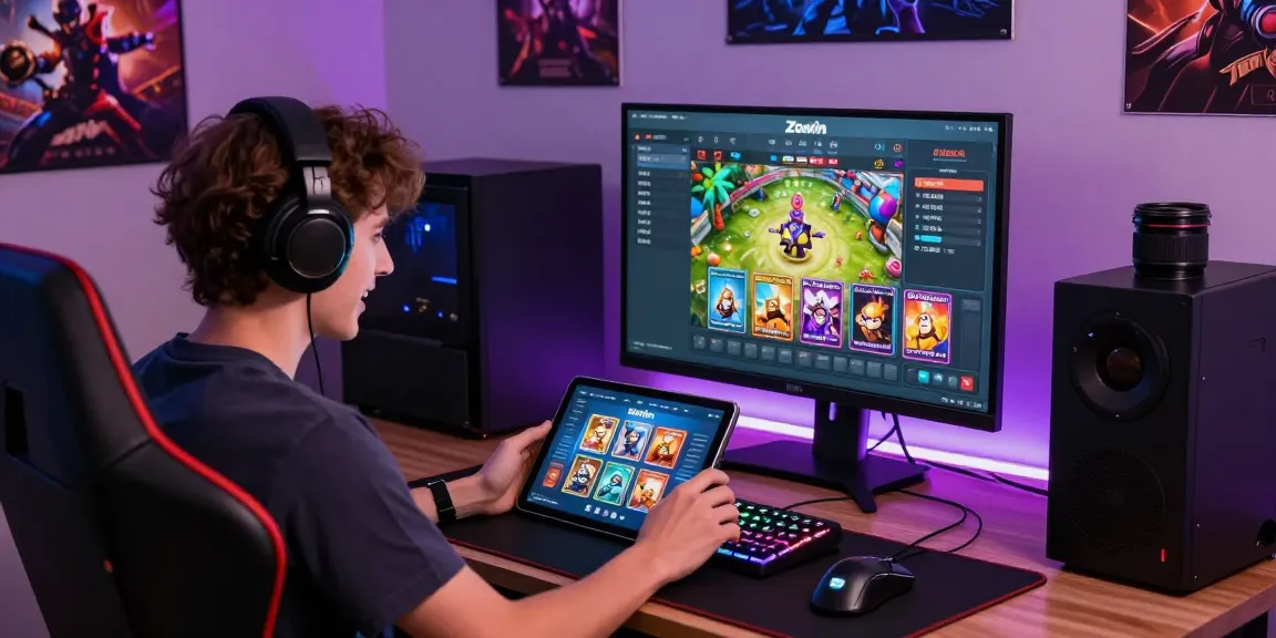 Excited user tải zowin app on tablet in a stylish gaming setup