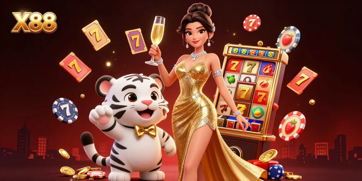 X88 showcases a glamorous woman celebrating at an online casino with jackpot symbols and poker elements.