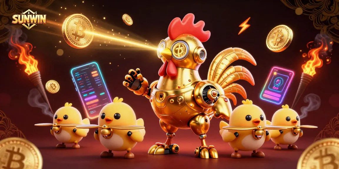 SUNWIN's vibrant casino experience showcased with a golden robot and baby chick drones amidst dynamic gaming elements