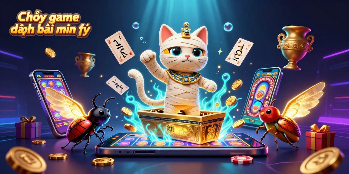 Chơi game đánh bài miễn phí with a mummy cat and scarab in a dynamic casino scene.