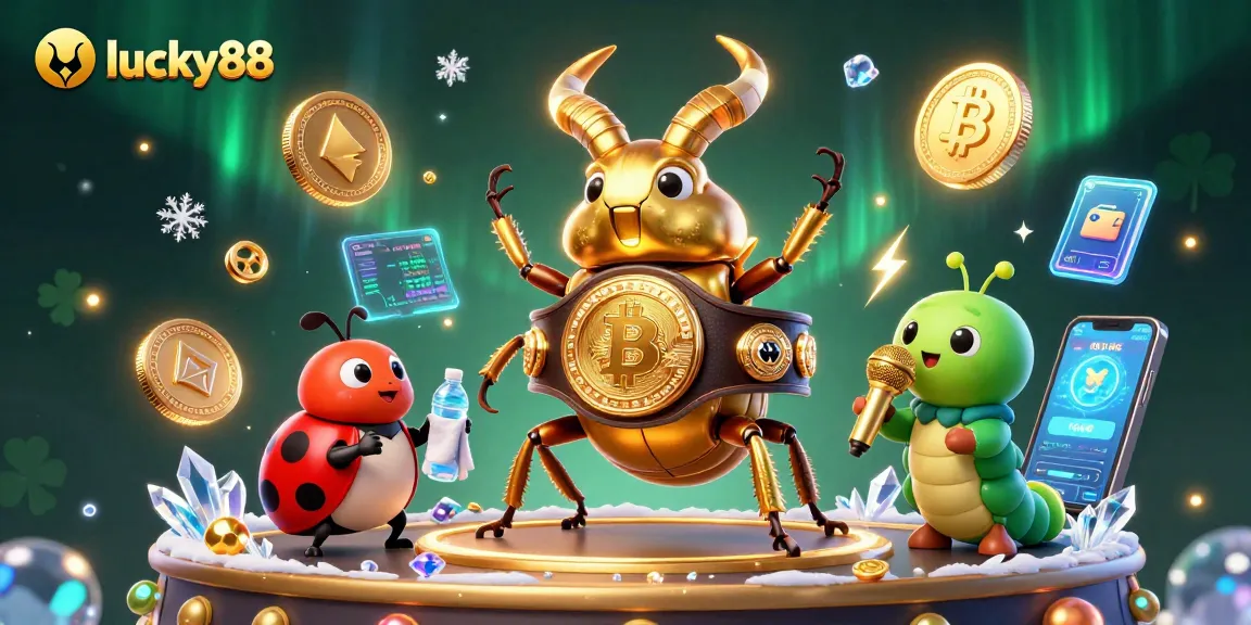 Experience lucky88 thrills with a giant stag beetle champion, ladybug corner-man, and caterpillar announcer in a vibrant crypto casino.